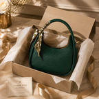 A dark green textured leather handbag with a gold-tone monogram logo and a matching green-and-gold ribbon handle, presented inside a beige gift box with tissue paper and a thank-you card.