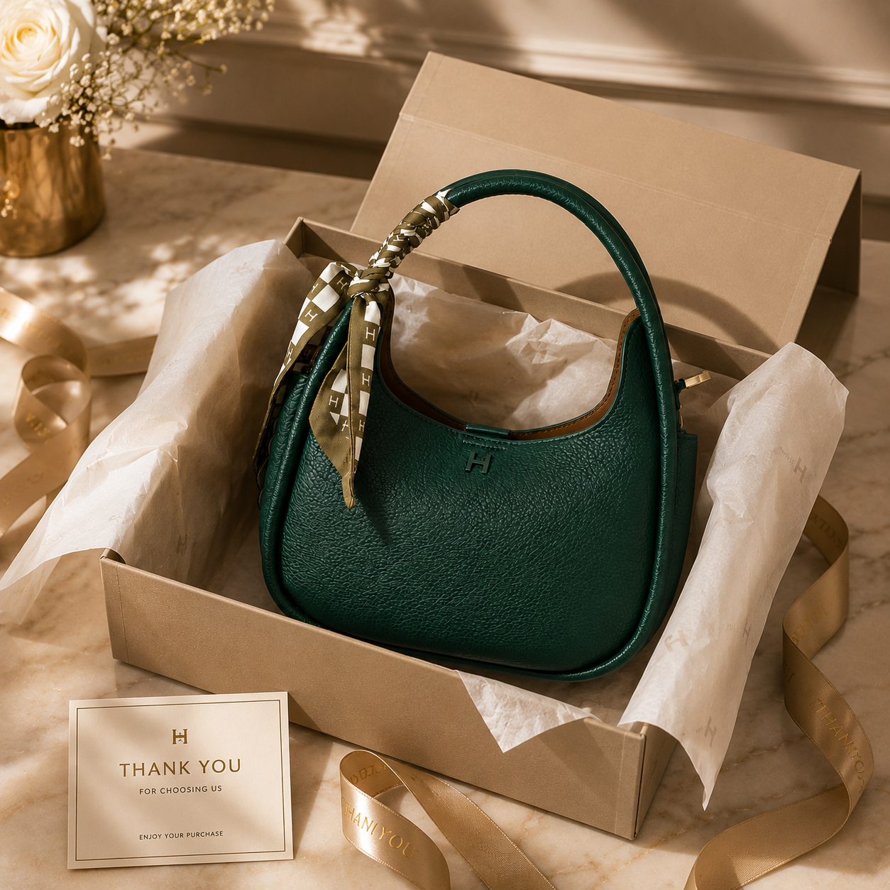 A dark green textured leather handbag with a gold-tone monogram logo and a matching green-and-gold ribbon handle, presented inside a beige gift box with tissue paper and a thank-you card.