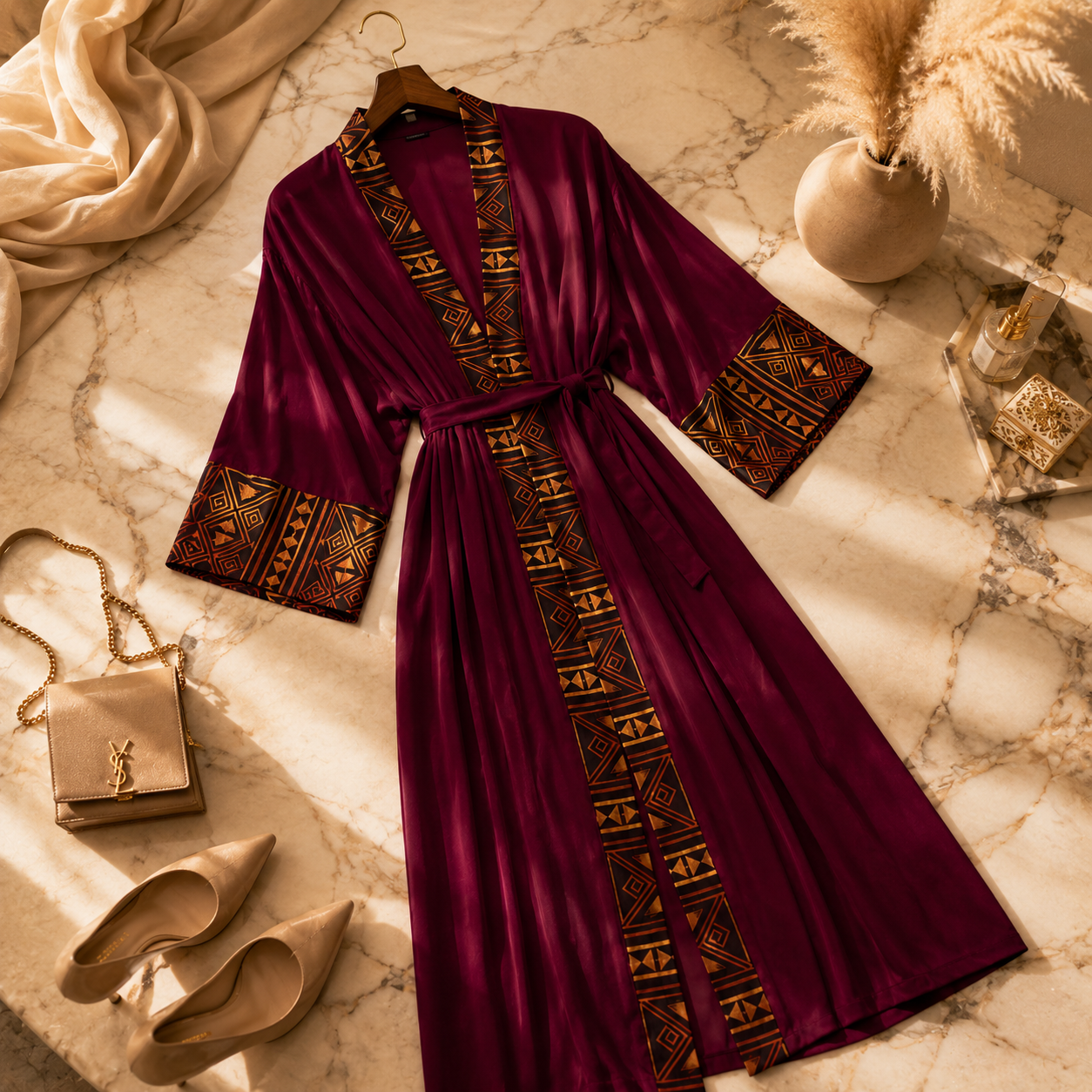 A deep burgundy velvet robe with gold and black geometric patterns on the trim and cuffs, styled in a flat-lay arrangement on a marble surface with beige shoes, a handbag, and a scarf.