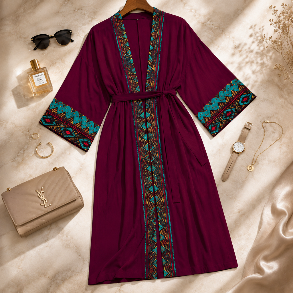 A deep burgundy kimono-style robe with teal, brown, and gold geometric patterned trim and a matching waist tie, styled in a flat lay on a beige marble surface with sunglasses, perfume, jewelry, and a handbag.