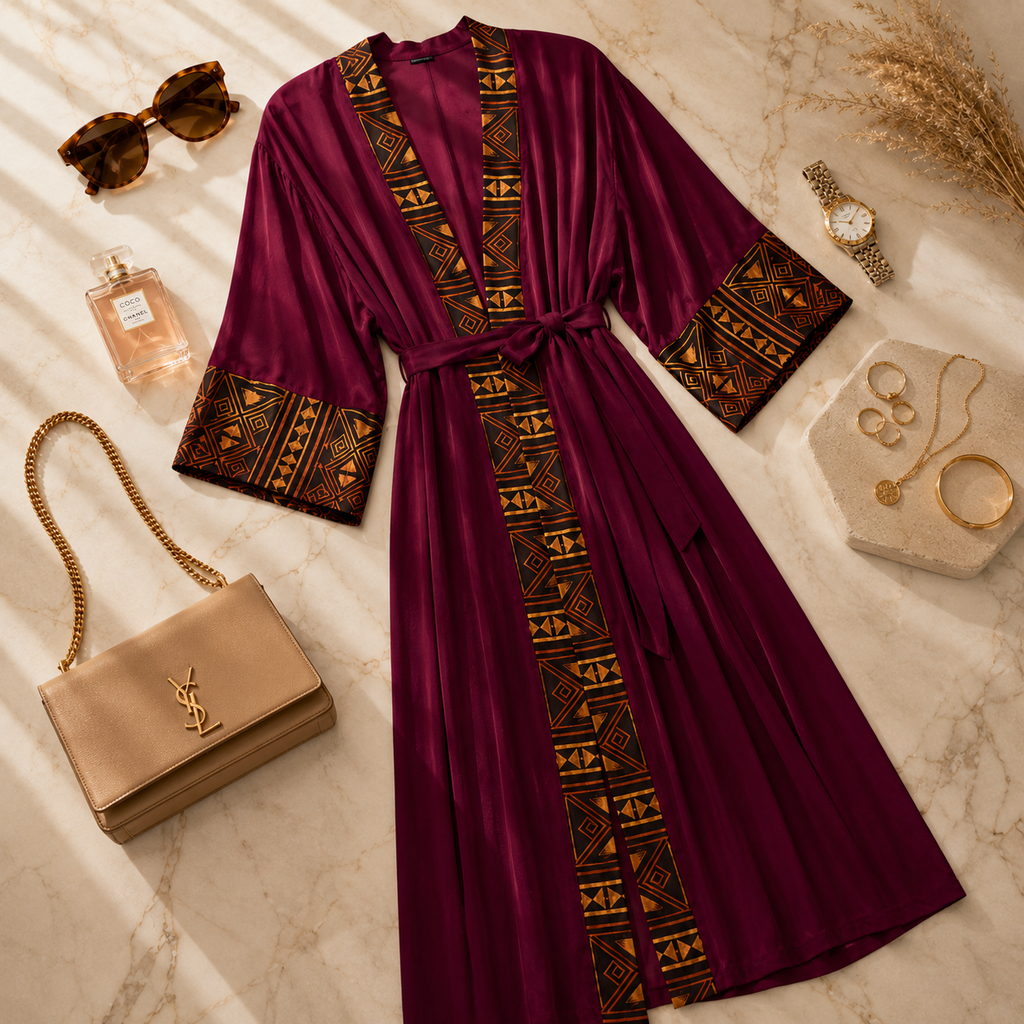 A deep burgundy maxi robe with gold and black geometric patterns on the trim, cuffs, and tie belt, styled in a flat lay with sunglasses, a perfume bottle, a handbag, jewelry, and a watch on a marble background.