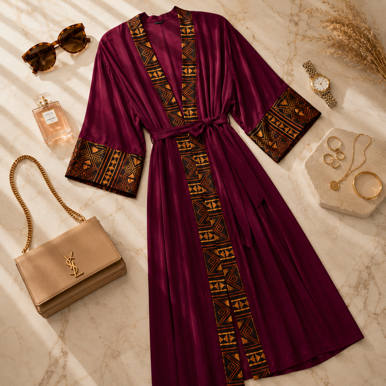 A deep burgundy maxi robe with gold and black geometric patterns on the trim, cuffs, and tie belt, styled in a flat lay with sunglasses, a perfume bottle, a handbag, jewelry, and a watch on a marble background.