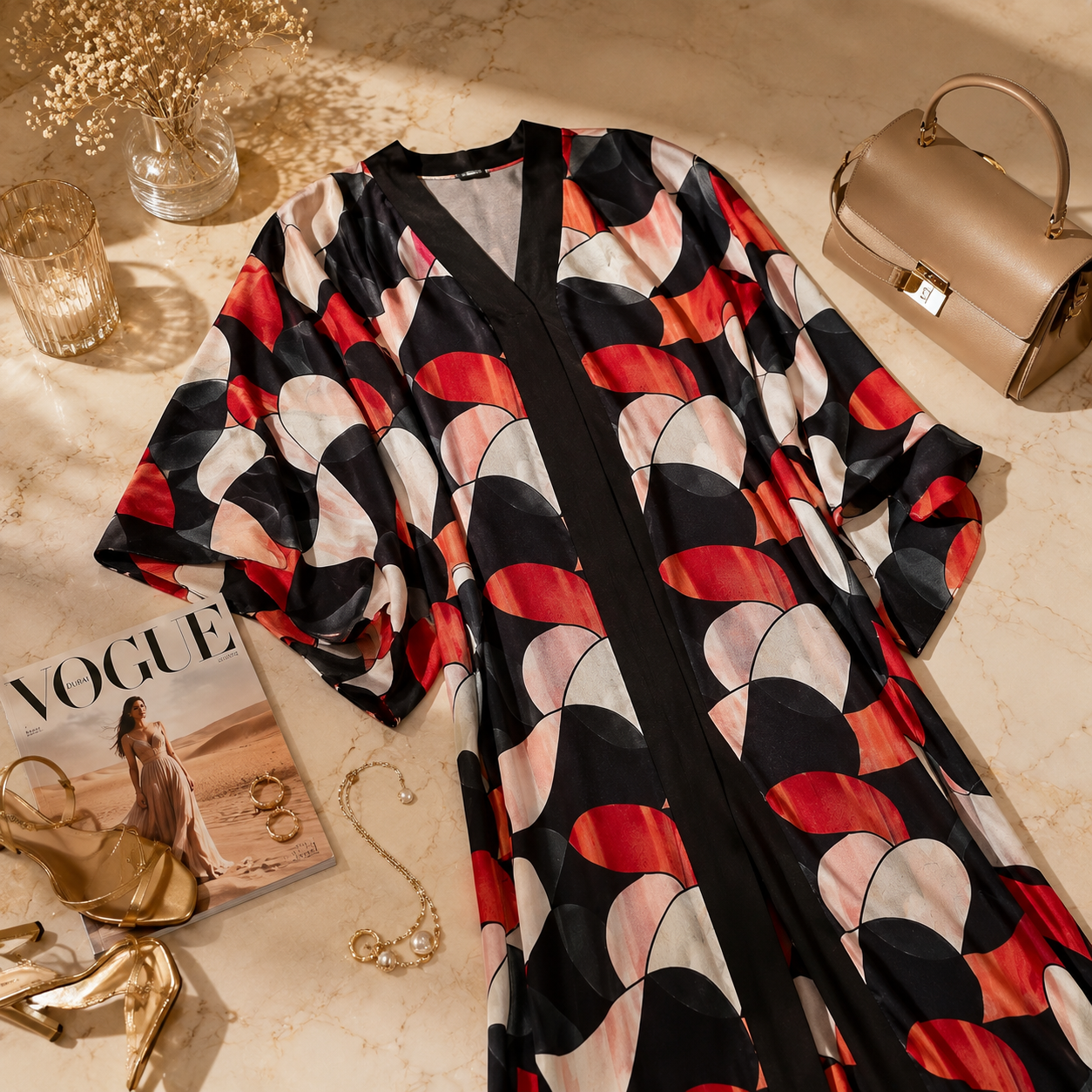 A long-sleeve V-neck kimono-style cover-up dress with a bold abstract scallop pattern in black, red, pink, and white, styled in a warm flat-lay arrangement with a beige handbag, gold heels, a Vogue magazine, and dried flowers on a marble surface.