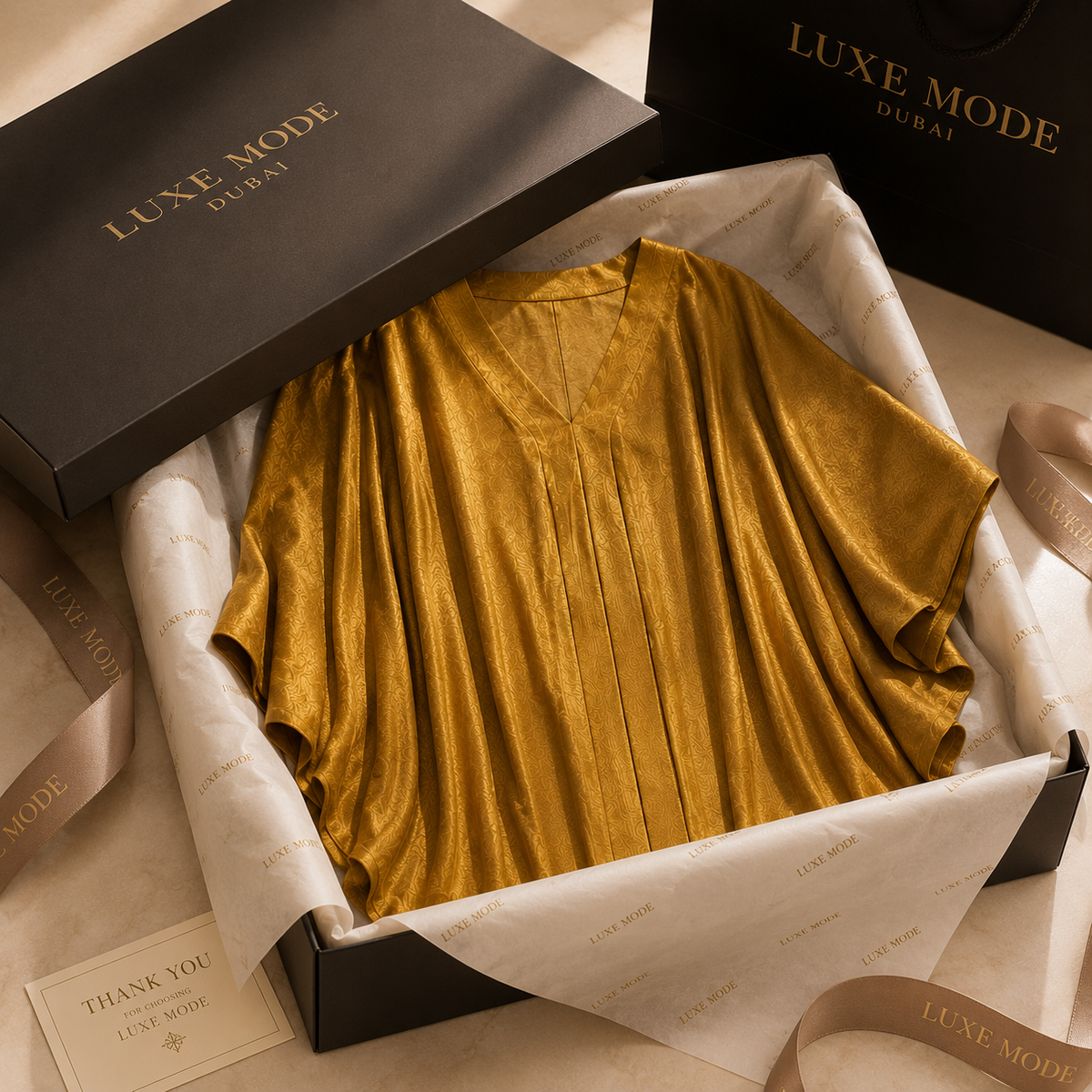 A luxurious gold satin or silk short-sleeve top presented in an open black box lined with branded tissue paper. The black LUXE MODE DUBAI gift box and another bag are visible in the background on a beige surface.