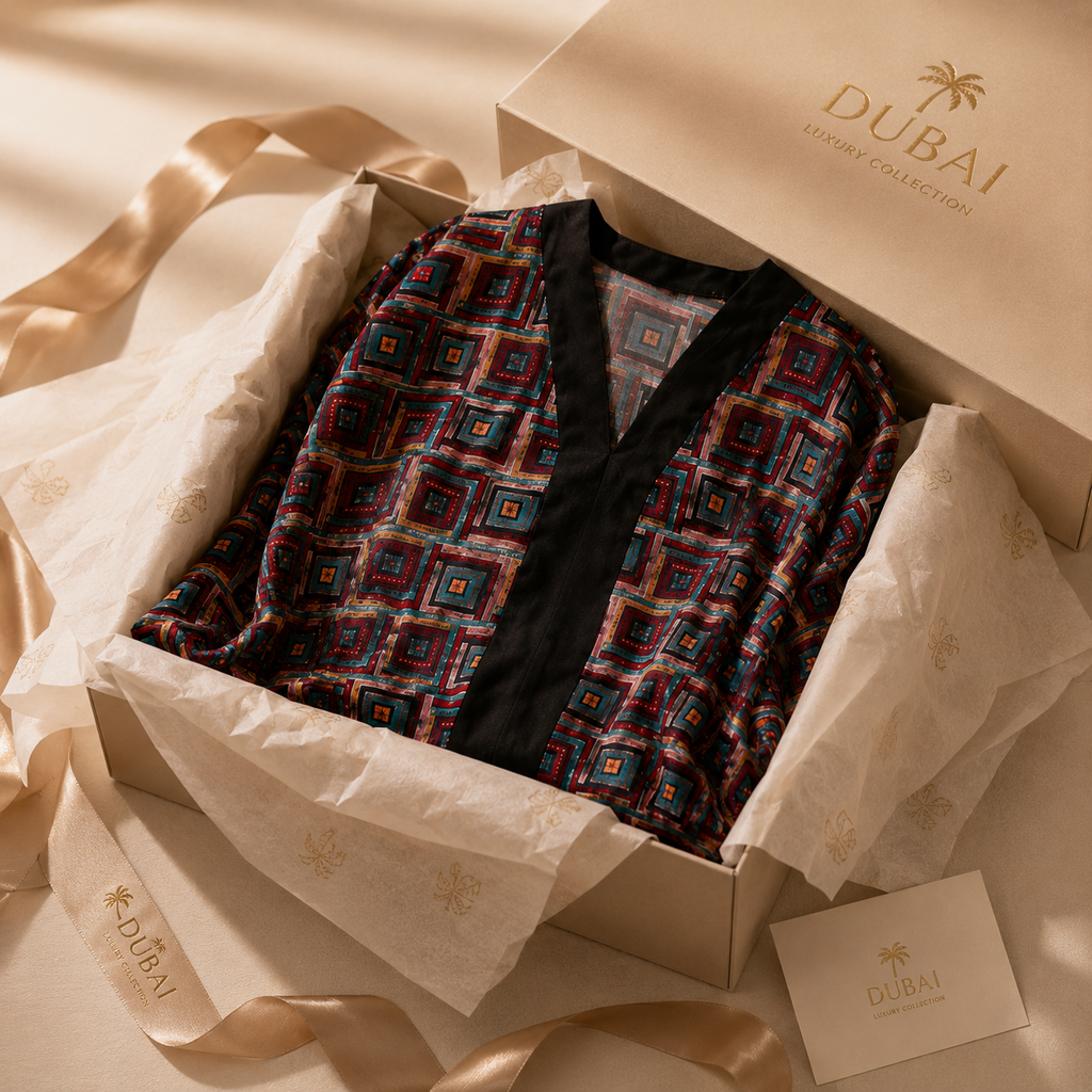 A luxury gift set from Dubai Jewelry Collection featuring a patterned robe in a beige box lined with tissue paper and ribbon, accompanied by a branded card.