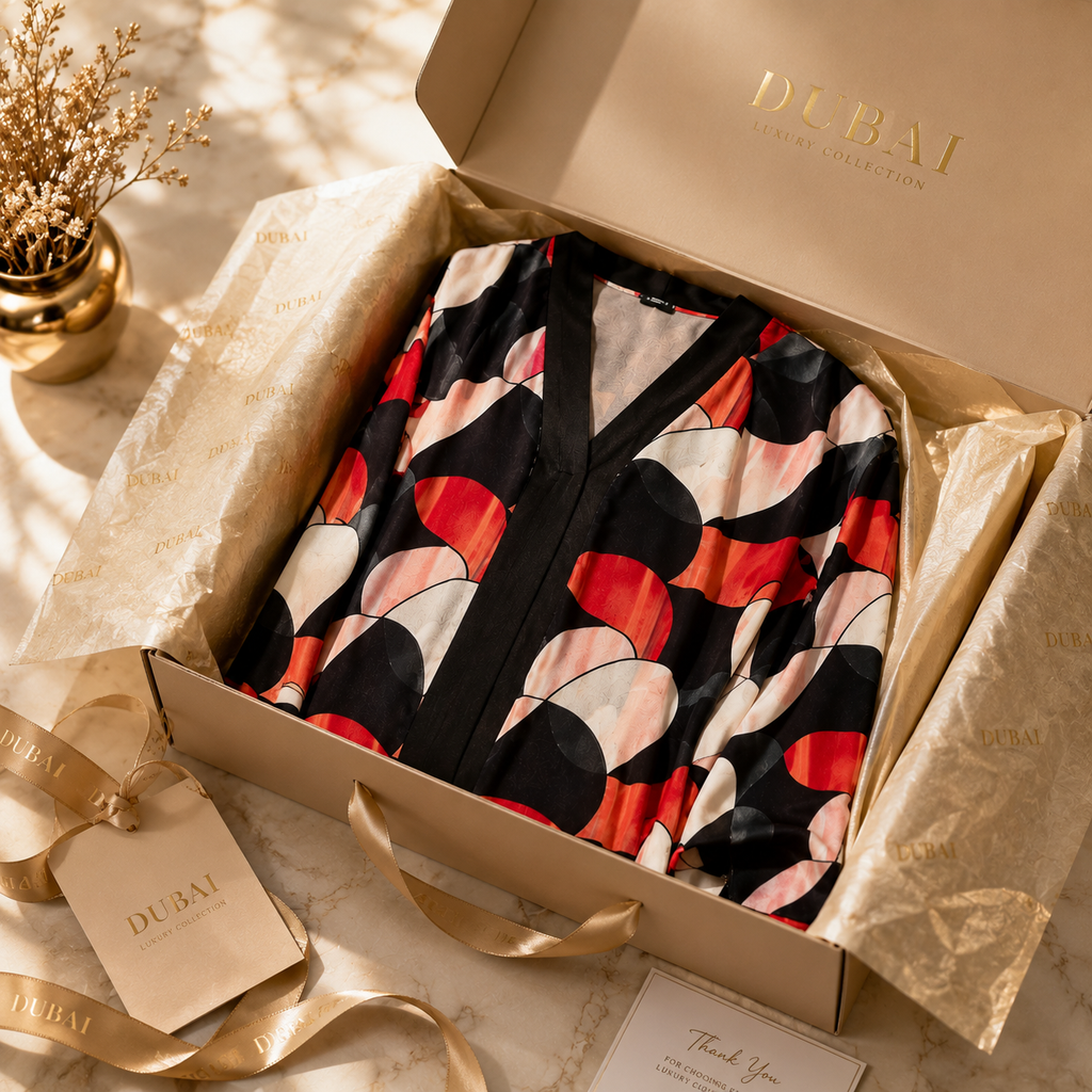 A luxury gift set from Dubai Fashion Collection featuring a satin robe with an abstract geometric pattern in black, red, and pink, presented in a beige box with gold ribbon and tissue paper.