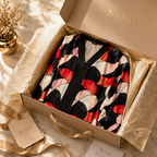 A luxury gift set from Dubai Fashion Collection featuring a satin robe with an abstract geometric pattern in black, red, and pink, presented in a beige box with gold ribbon and tissue paper.