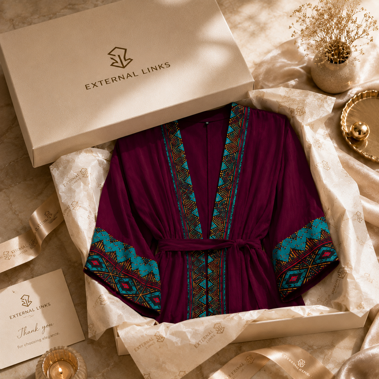 A luxury robe from External Links, presented in a cream-colored gift box with branded packaging, surrounded by elegant props like dried flowers, a gold candle holder, and a small gold dish on a beige marble surface.