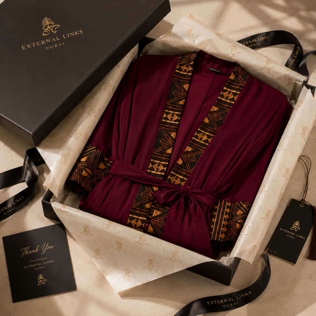 A luxury robe gift set from External Links, featuring a deep burgundy robe with gold and black geometric patterns, presented in an open black box with branded packaging, tissue paper, and a thank you card.