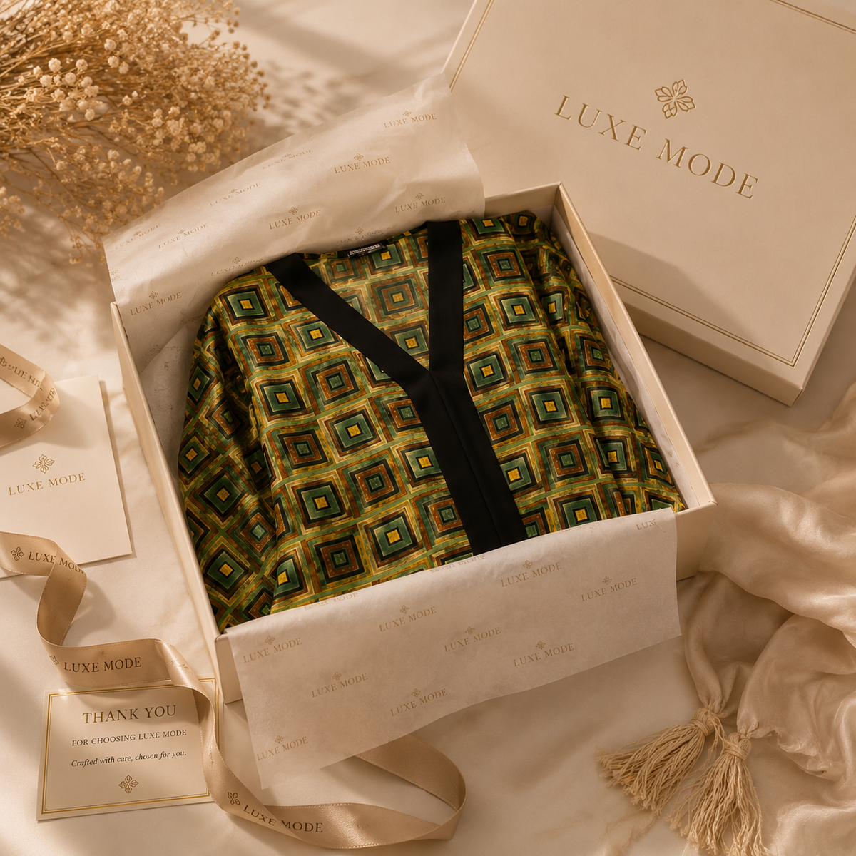 A luxury robe with a green and yellow geometric pattern and black trim, presented inside a cream-colored box with branded tissue paper and ribbon.