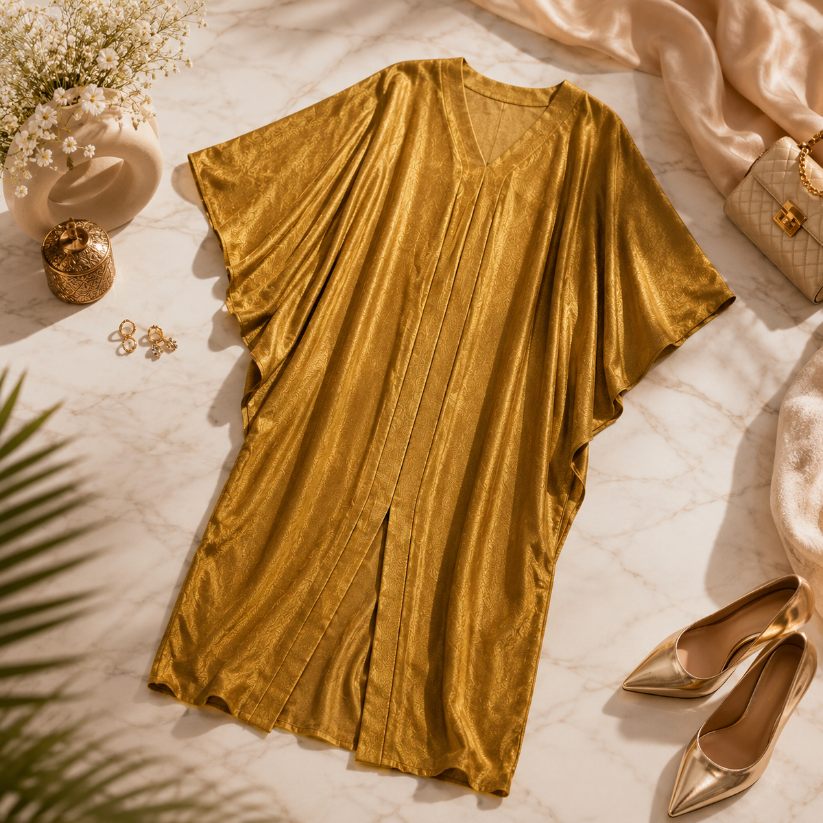 A metallic gold draped kimono-style top with wide short sleeves and a V-neckline, styled in a luxury flat-lay on a white marble surface with gold heels, a quilted bag, and decorative flowers.