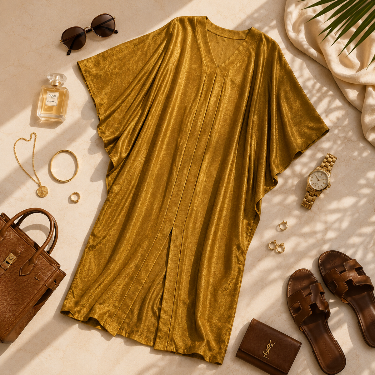 A mustard yellow kimono-style cover-up dress with a V-neck and wide draped sleeves, styled in a flat lay with sunglasses, a perfume bottle, jewelry, a watch, sandals, a handbag, and a wallet on a sunlit cream surface.
