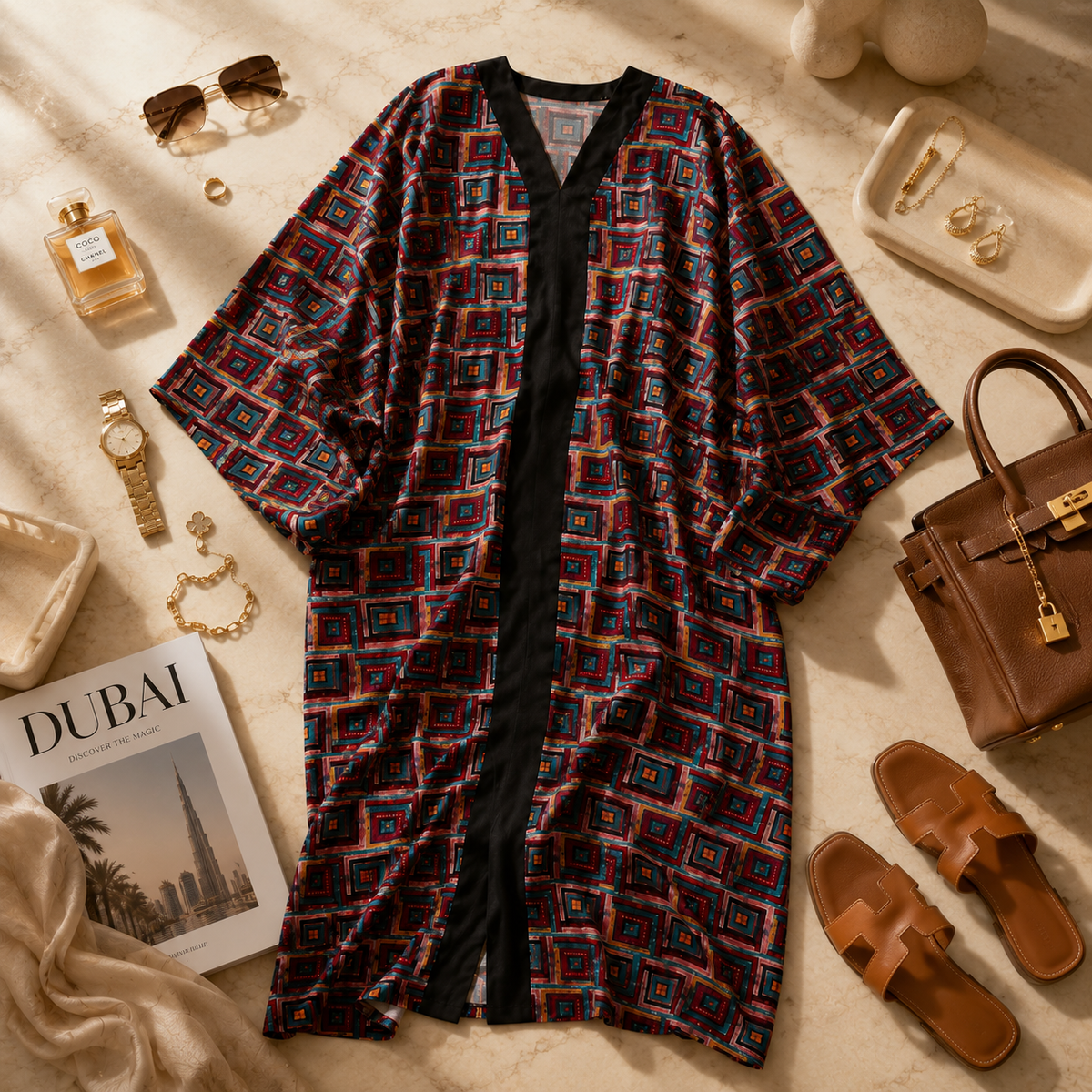 A patterned open-front kaftan robe with a black center placket and wide sleeves, styled in a luxury flat lay with sunglasses, perfume, jewelry, a handbag, sandals, and a Dubai magazine on a beige marble surface.