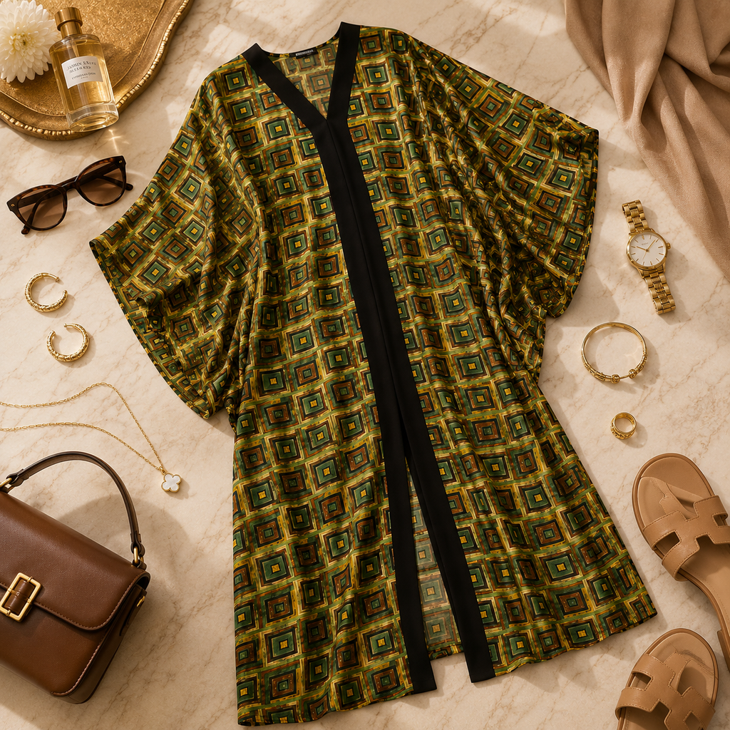 A patterned open-front kimono-style cardigan laid flat on a light marble surface, surrounded by fashion accessories including sunglasses, a perfume bottle, jewelry, a handbag, sandals, and a watch.