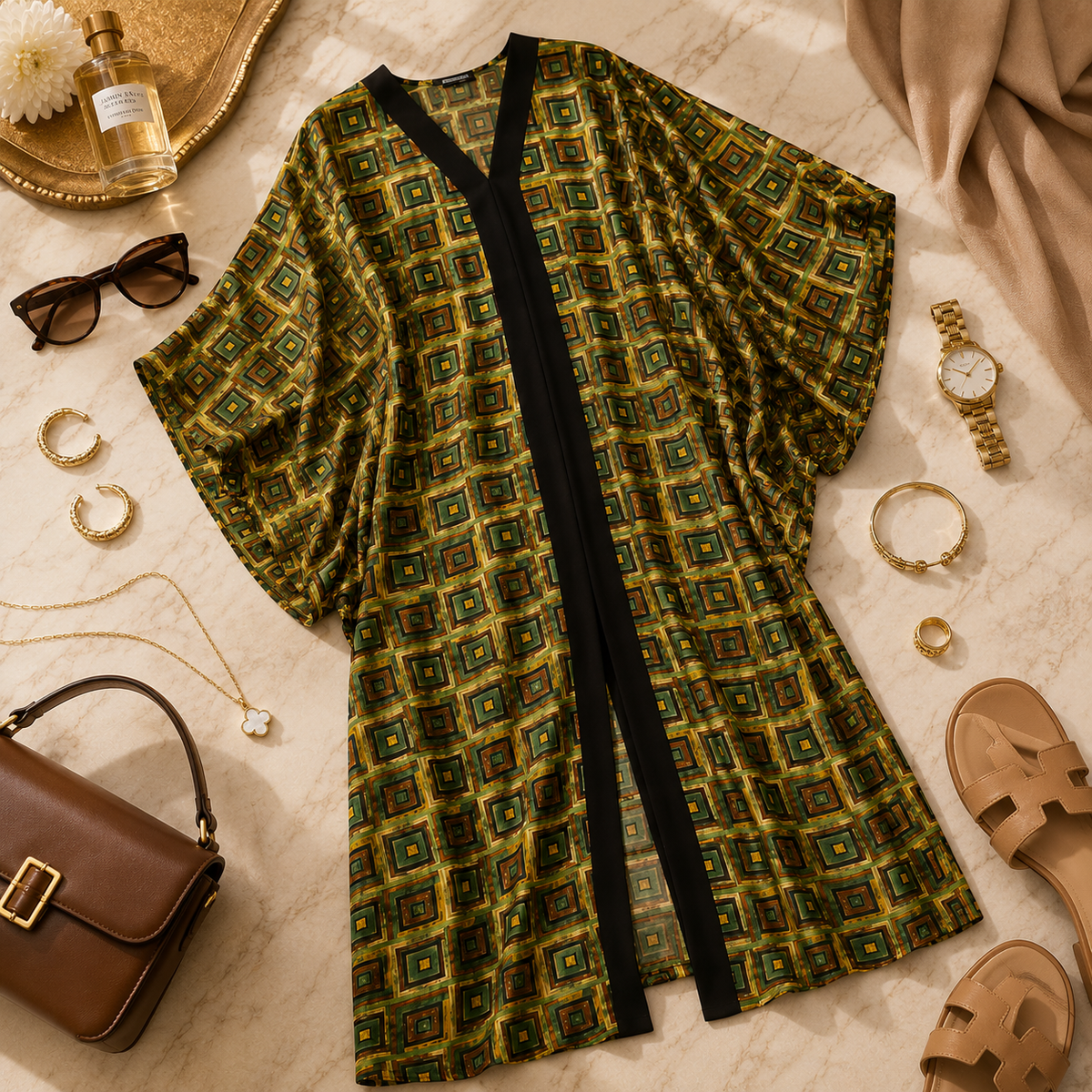 A patterned open-front kimono-style cardigan laid flat on a light marble surface, surrounded by fashion accessories including sunglasses, a perfume bottle, jewelry, a handbag, sandals, and a watch.