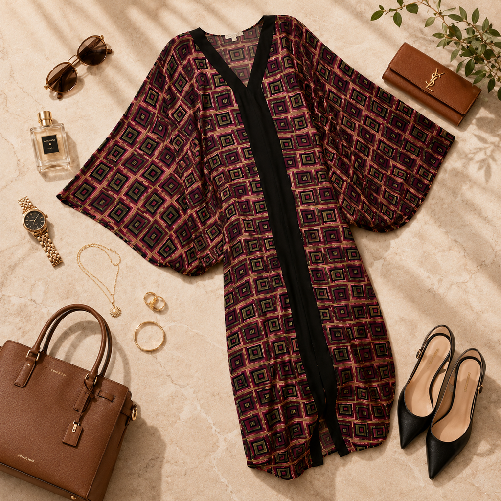 A patterned open-front kimono-style cardigan with wide sleeves is styled in a flat lay on a beige marble surface with sunglasses, a perfume bottle, a watch, jewelry, a brown handbag, a brown YSL clutch, and black pointed heels around it.