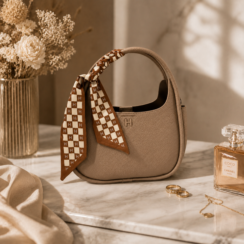 A taupe pebbled leather handbag with a matching patterned scarf tied to the handle, styled on a marble surface with dried flowers, rings, and a perfume bottle in a warm, sunlit setting.