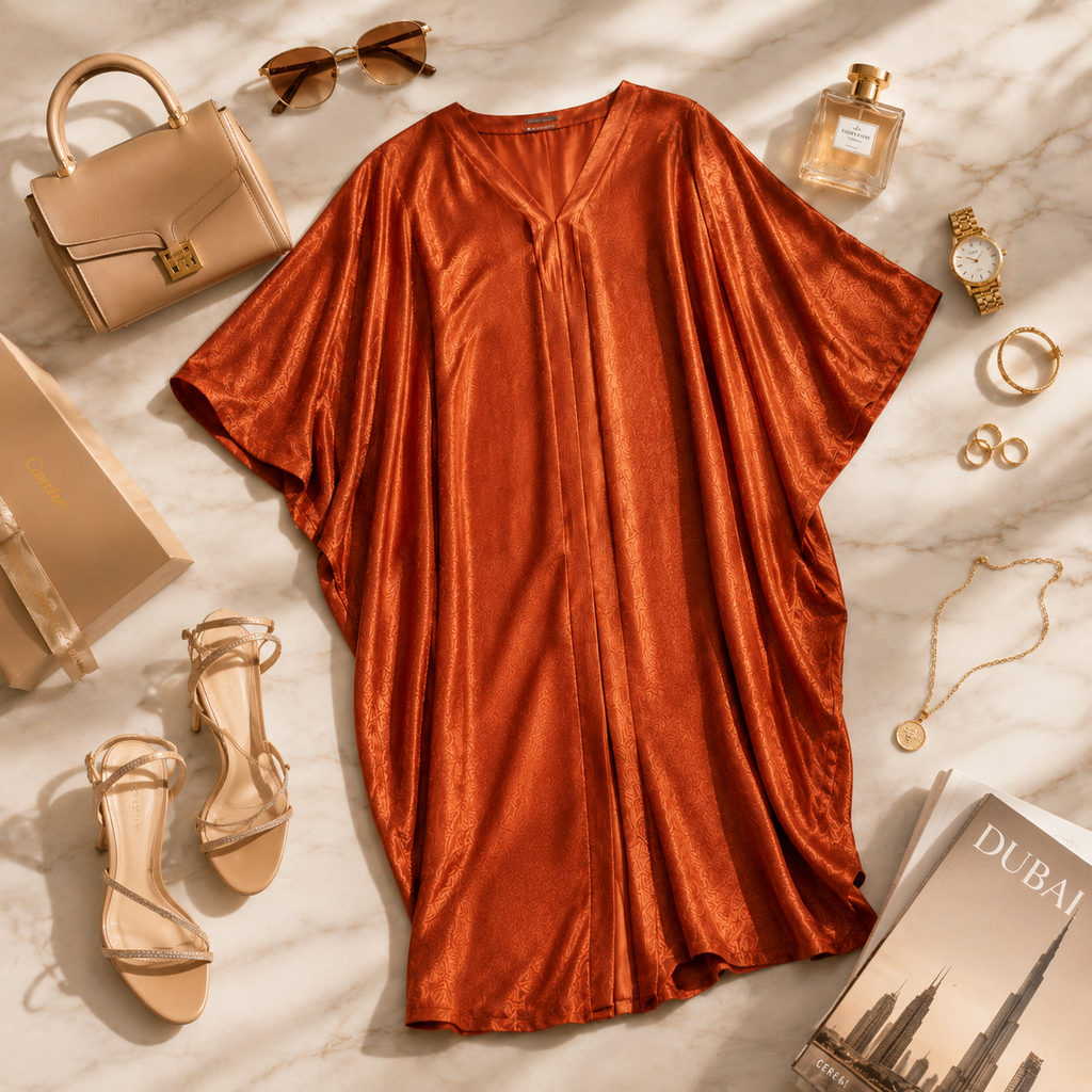 A rust-orange satin kaftan dress is styled in a luxury flat lay on a white marble background, surrounded by beige handbags, gold heels, sunglasses, a perfume bottle, a watch, rings, and a Dubai magazine.