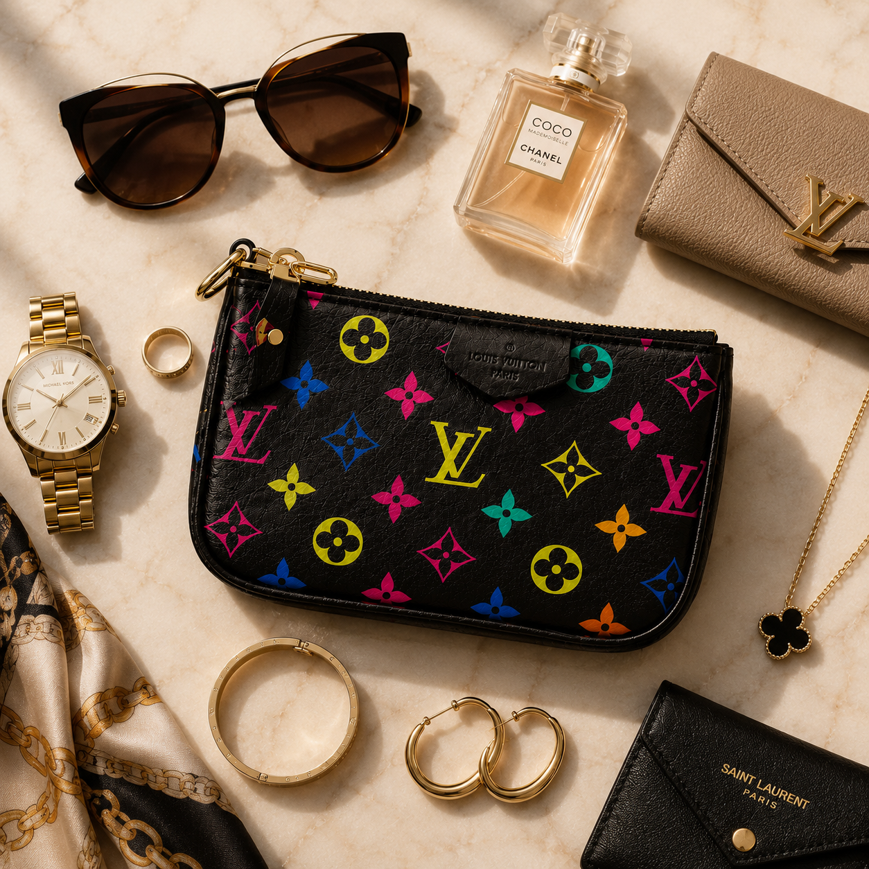 A styled flat-lay featuring a black Louis Vuitton zip pouch with a colorful monogram pattern, surrounded by luxury accessories including a Chanel perfume bottle, sunglasses, a gold-tone watch, a Saint Laurent wallet, and gold jewelry on a light marble background.