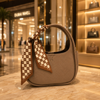 A taupe pebbled leather handbag with a matching taupe top handle, decorated with a brown and beige checkered scarf featuring the brand's initials 'H' and 'M', set on a marble counter in a luxury shopping mall.