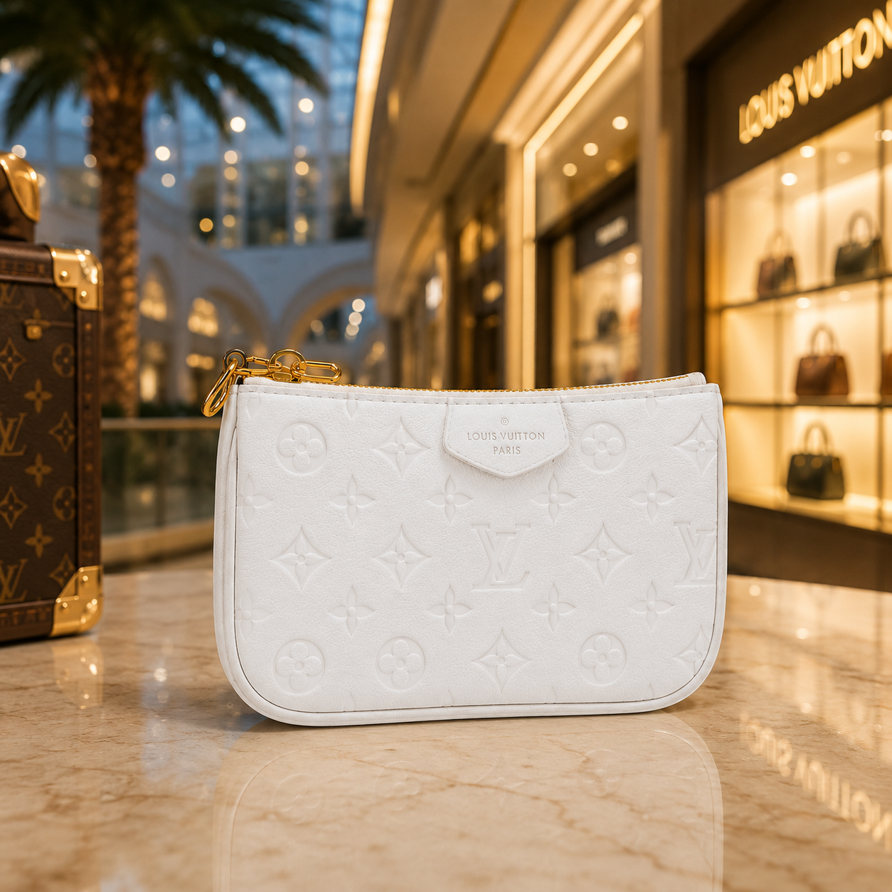 A white Louis Vuitton monogram embossed zip pouch with gold-tone hardware, displayed on a polished marble counter in a luxury shopping mall setting with a Louis Vuitton store visible in the background.