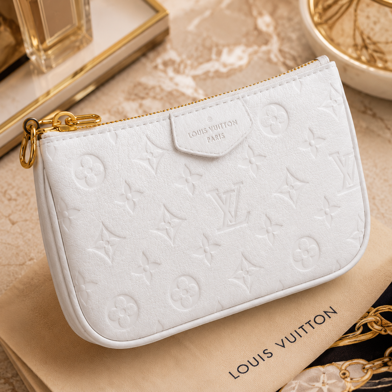 A white Louis Vuitton monogram pouch with gold-tone hardware, resting on a beige Louis Vuitton dust bag with a gold chain and decorative tray in the background.