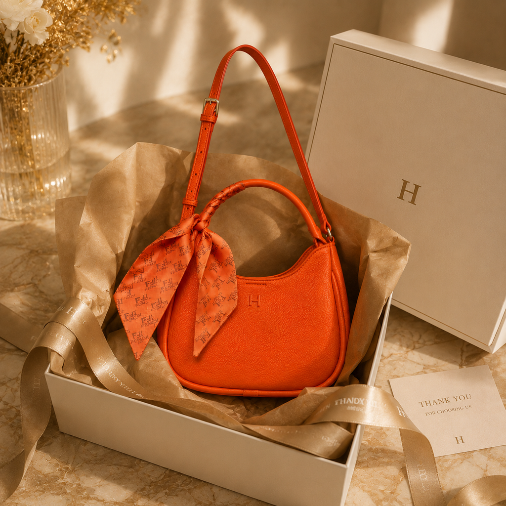 An orange crescent-shaped handbag with a matching orange monogram scarf tied in a bow, presented inside a white gift box lined with brown tissue paper. A white branded box and a thank-you card are placed beside it on a marble surface.