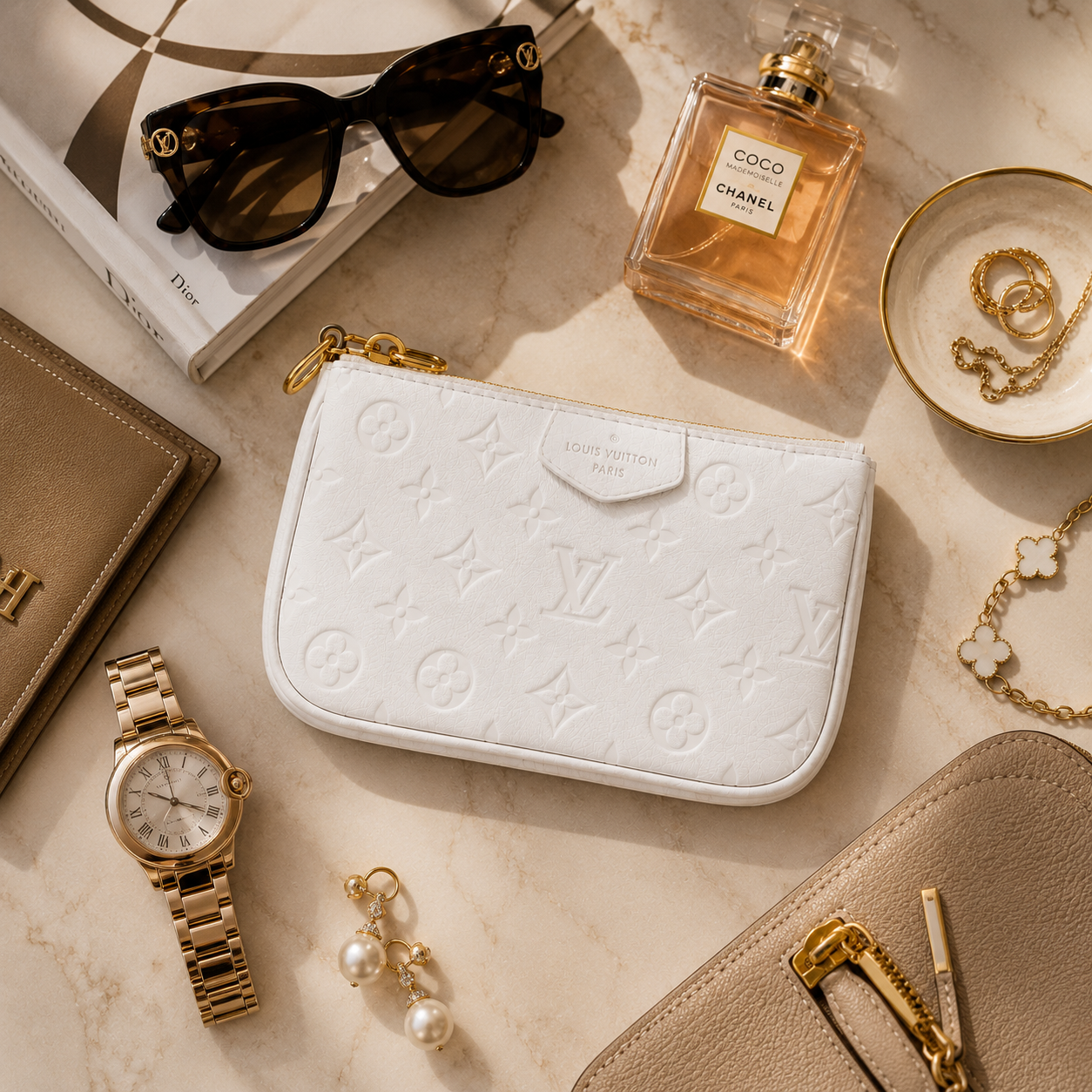 A white embossed Louis Vuitton zip pouch with gold-tone hardware, styled in a luxury flat lay on a marble surface alongside a Chanel perfume bottle, sunglasses, a watch, jewelry, and other beige accessories.