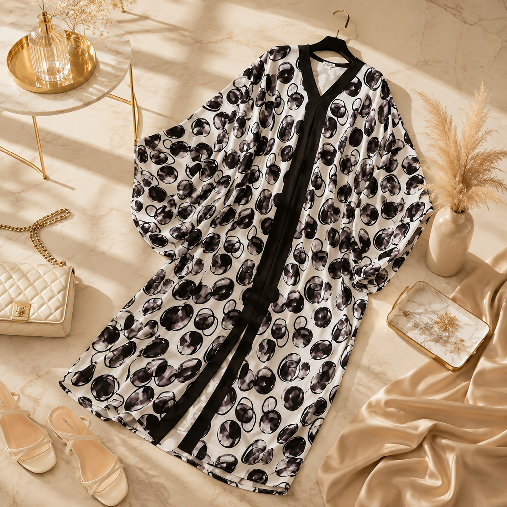 A white kimono-style robe with a black abstract watercolor circle pattern and black trim, laid flat on a beige marble surface with decorative props including a quilted handbag, sandals, a vase of pampas grass, and satin fabric.