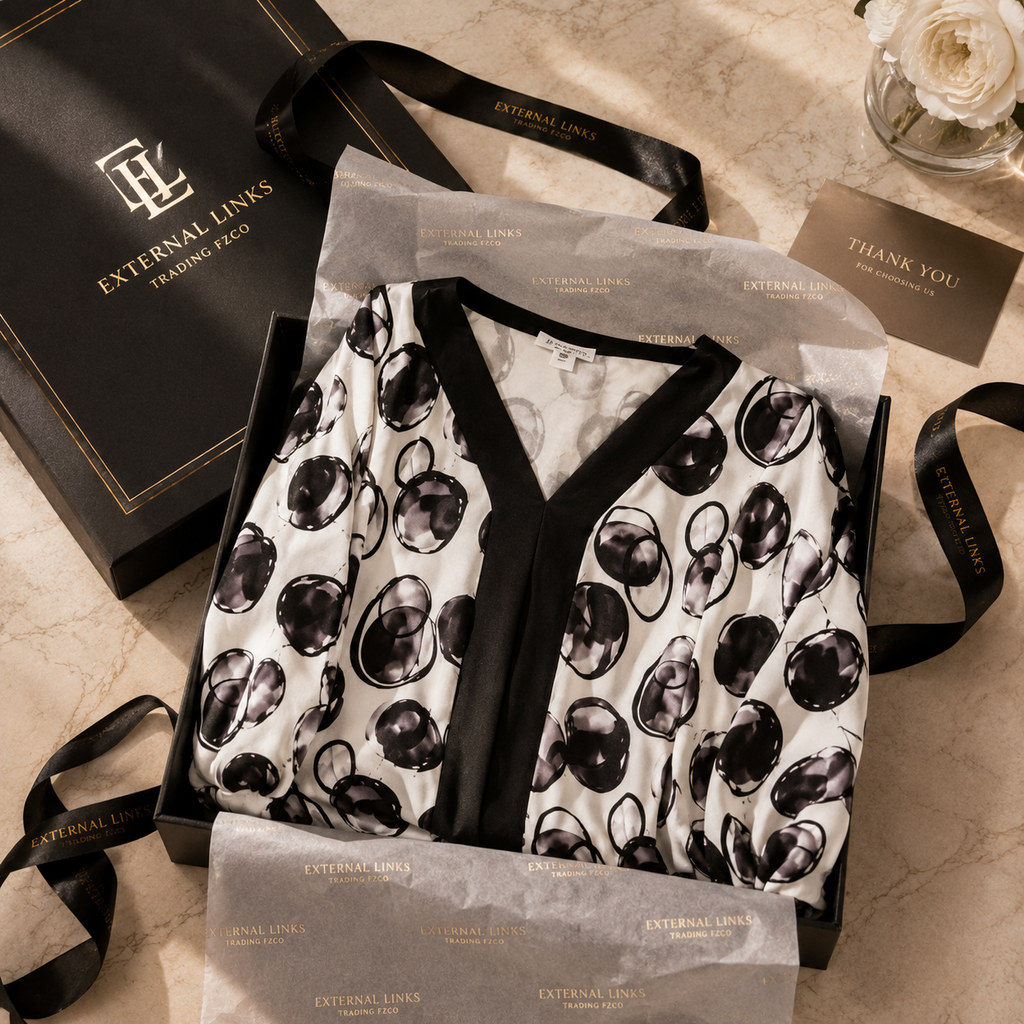 A white robe with a black abstract circular pattern and black trim, presented in a black gift box with branded tissue paper, ribbon, and a black box lid on a light marble surface.