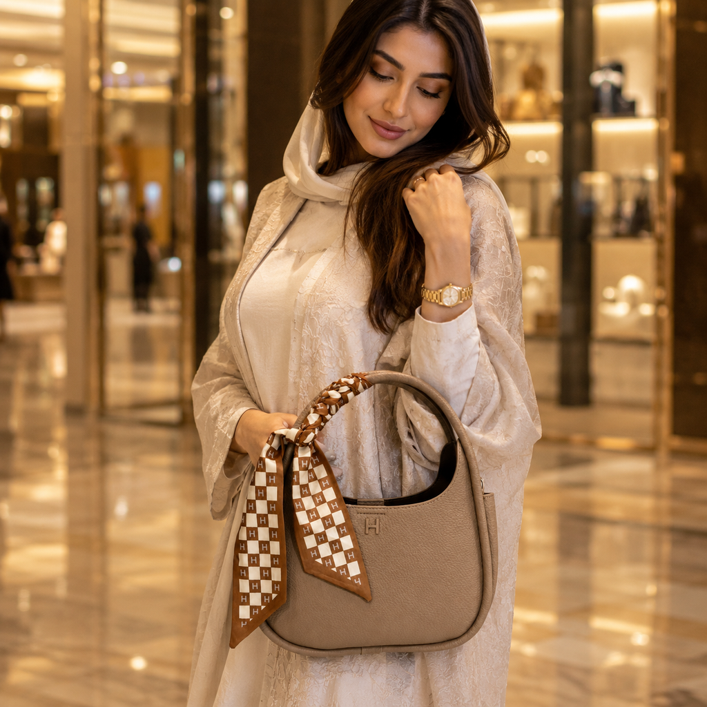 A woman in a beige lace dress carries a taupe leather shoulder bag with a brown and beige checkered scarf tied to the handle, set in a luxury shopping mall environment.