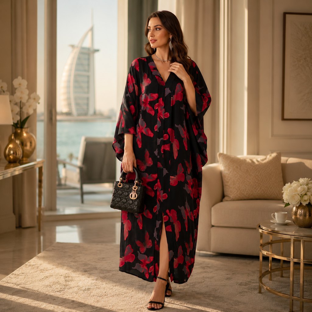 A woman models a black maxi kaftan dress with a red and pink floral pattern in a luxurious living room setting with a view of the Burj Khalifa.
