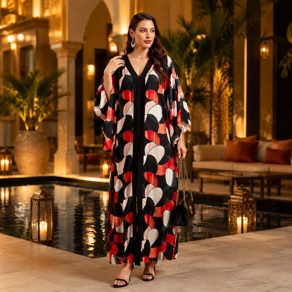 A woman models a long black kaftan dress with a bold red, white, and black geometric pattern in an elegant outdoor courtyard setting with a pool and warm lighting.