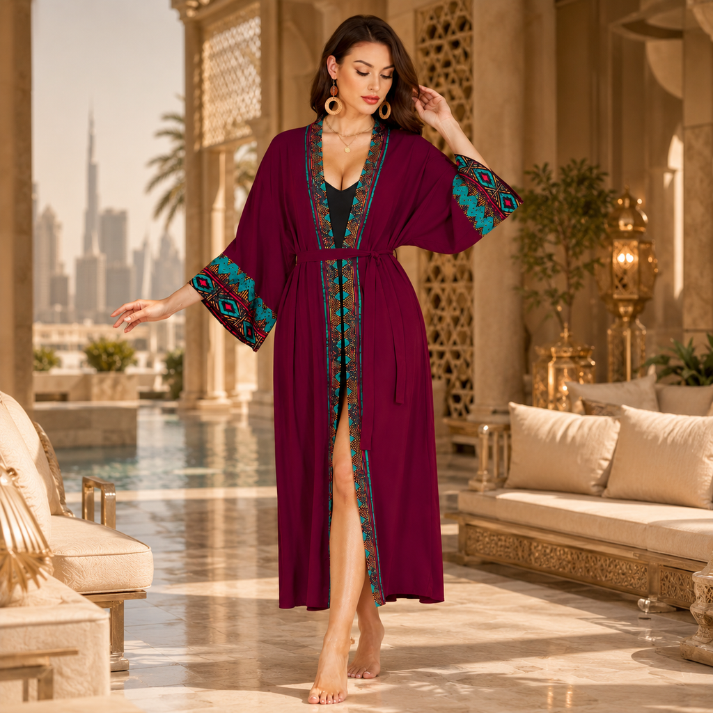 A woman models a long magenta robe with teal and gold geometric patterns on the trim and sleeves, set in an elegant outdoor patio environment with a pool and desert city skyline in the background.
