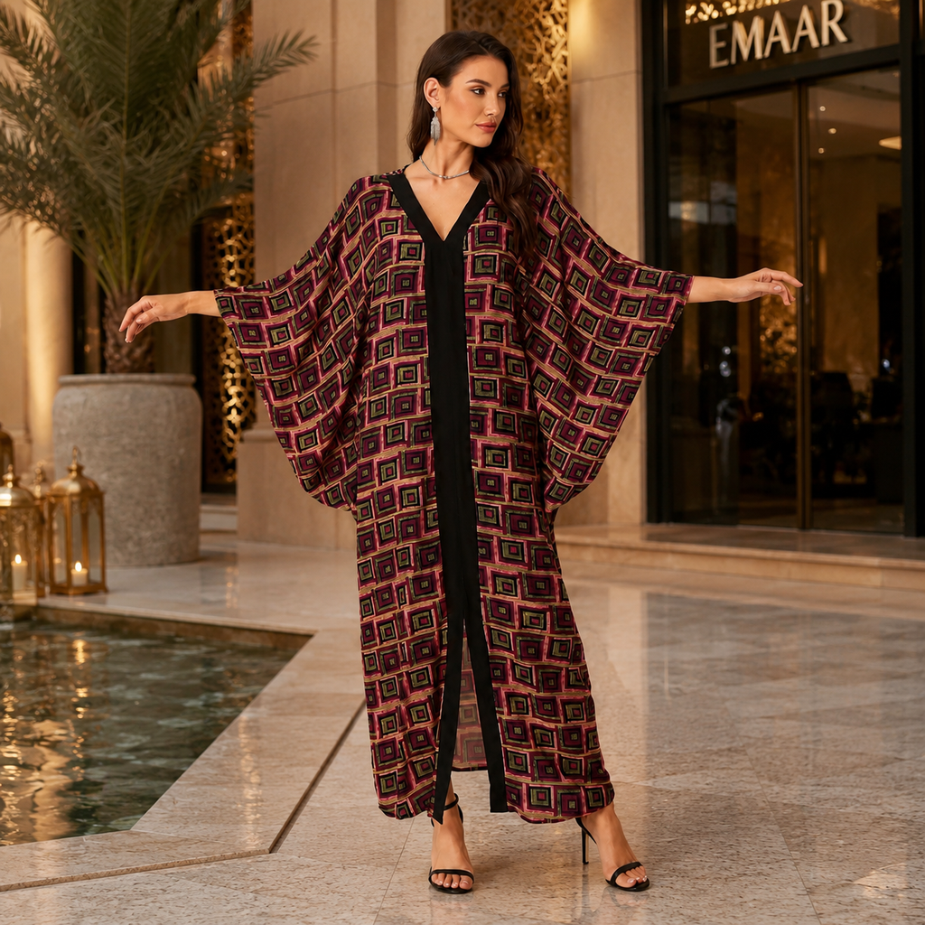 A woman stands in a luxury indoor setting wearing a long, flowy kaftan-style cover-up with a geometric pattern in dark red, black, and brown over a black jumpsuit. The background features a marble floor, a decorative pool, and a storefront with the brand name EMAAR visible.