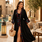 A woman stands in an outdoor patio setting wearing a long black kaftan-style cover-up with colorful geometric embroidered trim along the neckline, sleeves, and front opening. She is holding a woven straw handbag with wooden handles.