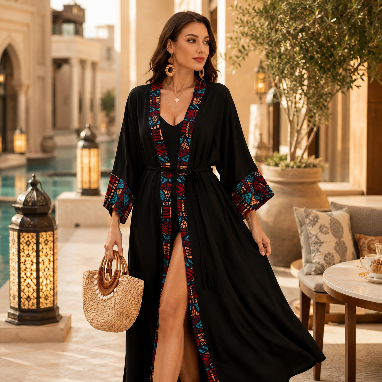 A woman stands in an outdoor patio setting wearing a long black kaftan-style cover-up with colorful geometric embroidered trim along the neckline, sleeves, and front opening. She is holding a woven straw handbag with wooden handles.