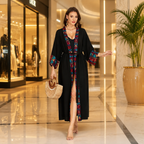 A woman walks barefoot down a luxury shopping mall corridor wearing a black long robe with colorful patterned trim on the collar, cuffs, and front opening. She is holding a woven straw handbag.