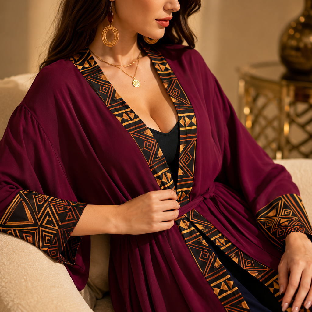 A woman wearing a deep burgundy wrap robe with gold and black geometric patterns along the trim, cuffs, and tie belt, styled over a black top.