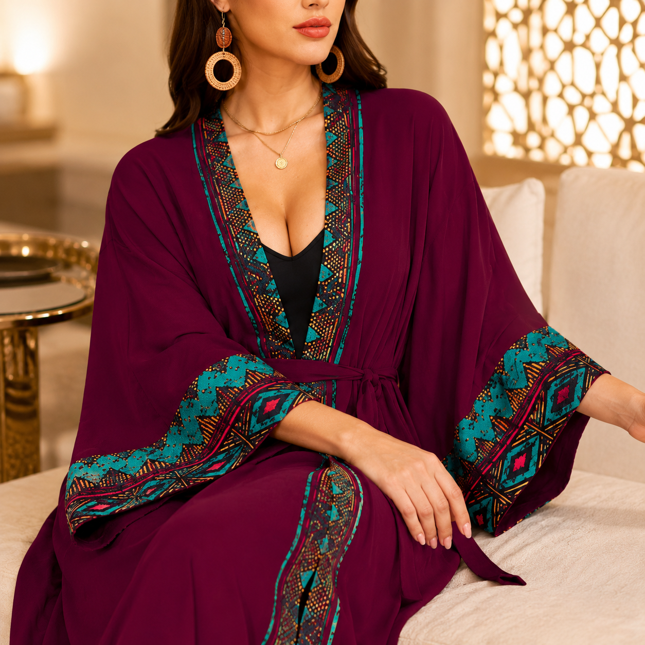 A woman wearing a deep purple kaftan robe with turquoise, gold, and red geometric patterns along the neckline, sleeves, and hem, sitting in a warmly lit indoor setting.