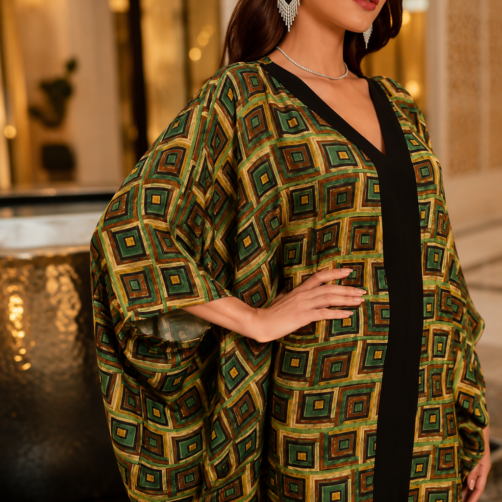 A woman wearing a loose, open-front kaftan-style tunic with a geometric square pattern in olive green, mustard yellow, and black, photographed indoors in a softly lit upscale setting.