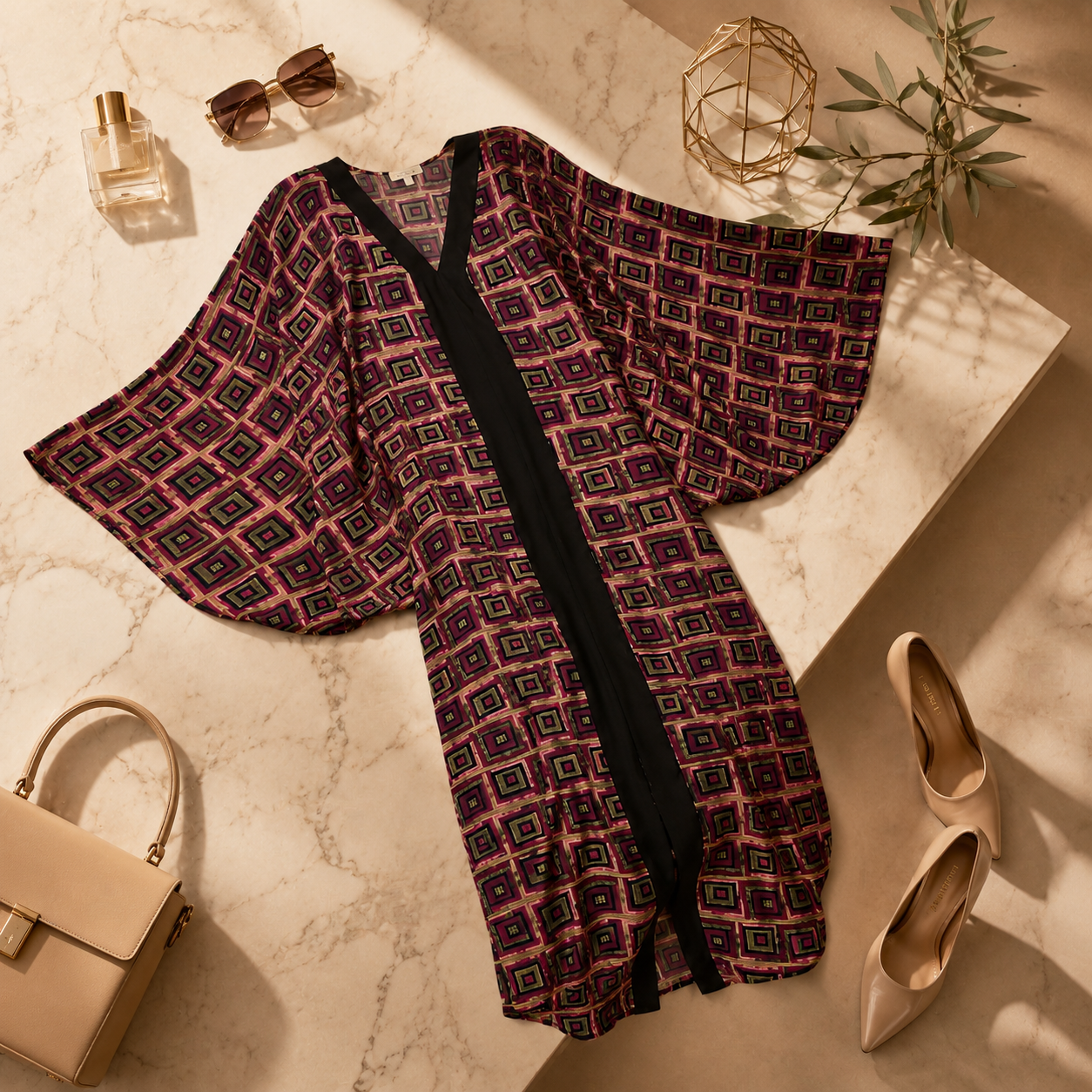 A women's open-front kimono-style cover-up with wide bell sleeves, laid flat on a marble surface. The garment has an allover geometric pattern in dark purple, pink, and black, with a solid black center panel and trim.