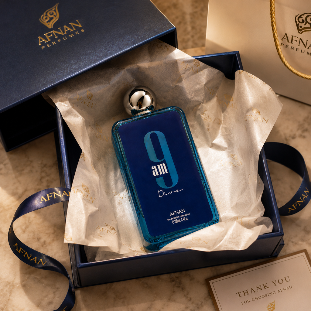 Afnan 9AM Dive luxury men's perfume displayed in sophisticated Dubai-inspired luxury lifestyle scene.