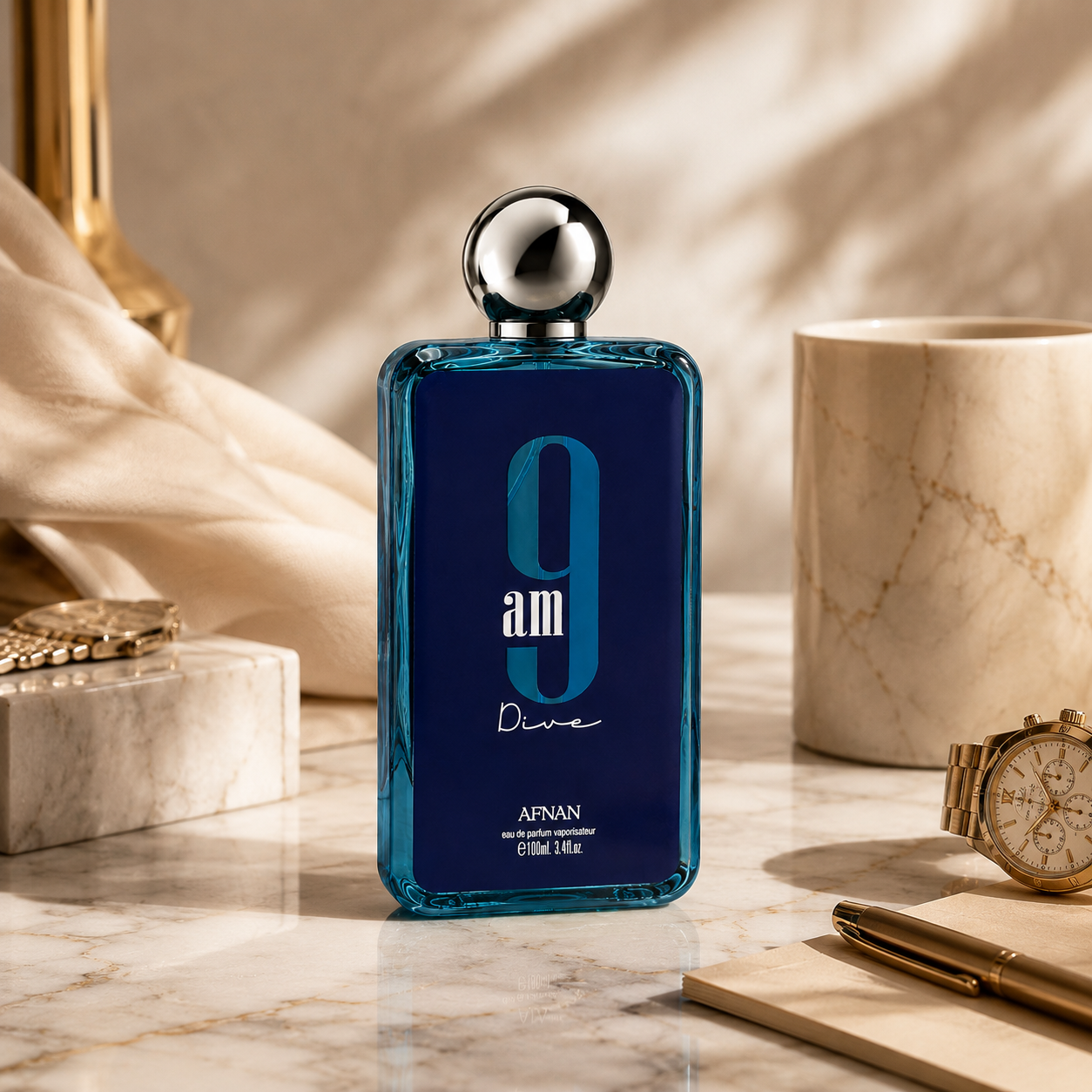 Luxury Afnan 9AM Dive perfume gift set with premium blue bottle and branded packaging box.