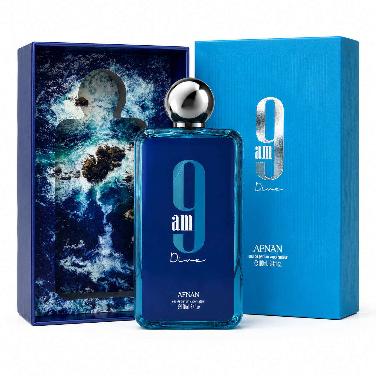 Afnan 9AM Dive Eau de Parfum for men in premium blue glass bottle with luxury packaging and aquatic-inspired design.