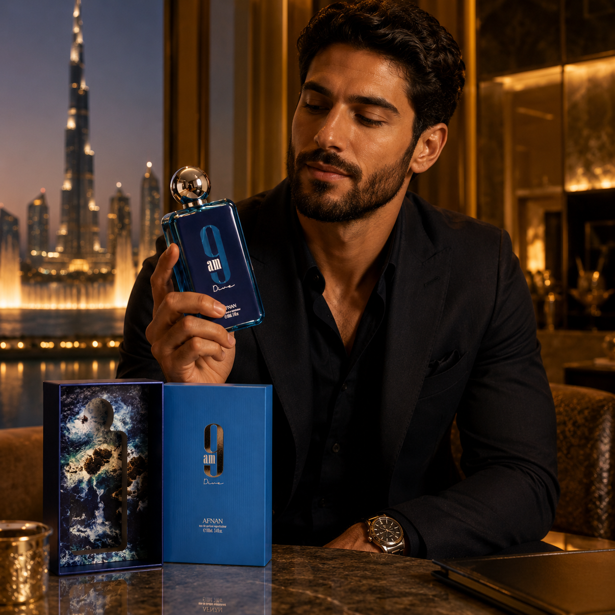 Fresh aquatic men's perfume by Afnan displayed with luxury packaging in elegant lifestyle setting.