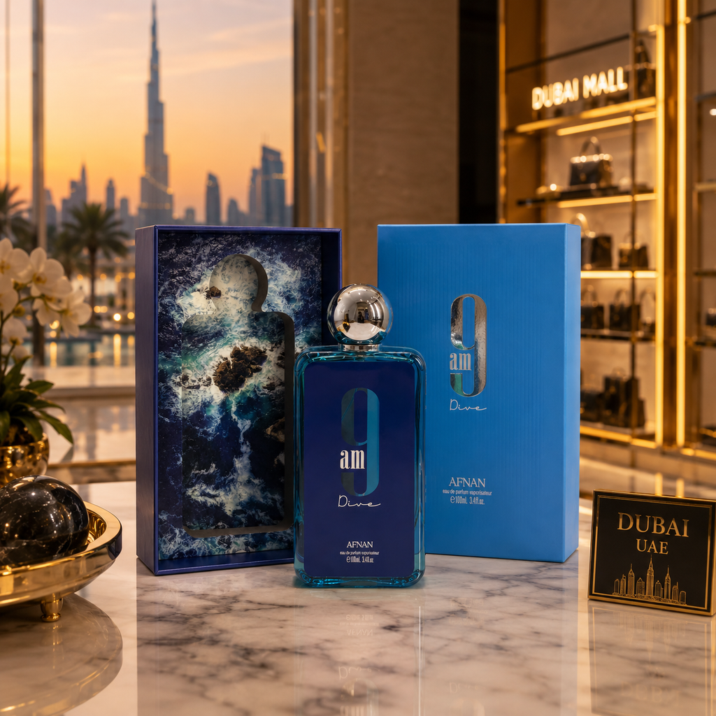 Front view of Afnan 9AM Dive men's perfume featuring premium blue bottle and elegant silver cap.