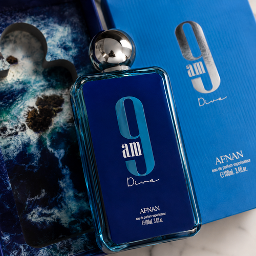 Afnan 9AM Dive luxury fragrance with original presentation box and premium retail packaging.