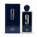 Afnan 9PM Eau de Parfum for men with luxury blue bottle and premium packaging on white background.