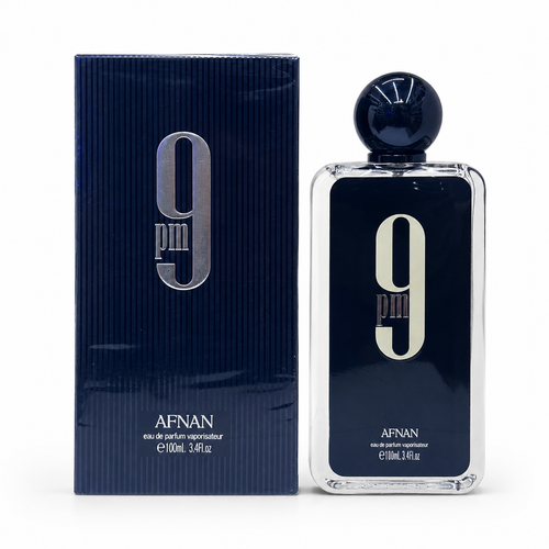 Afnan 9PM Eau de Parfum for men with luxury blue bottle and premium packaging on white background.
